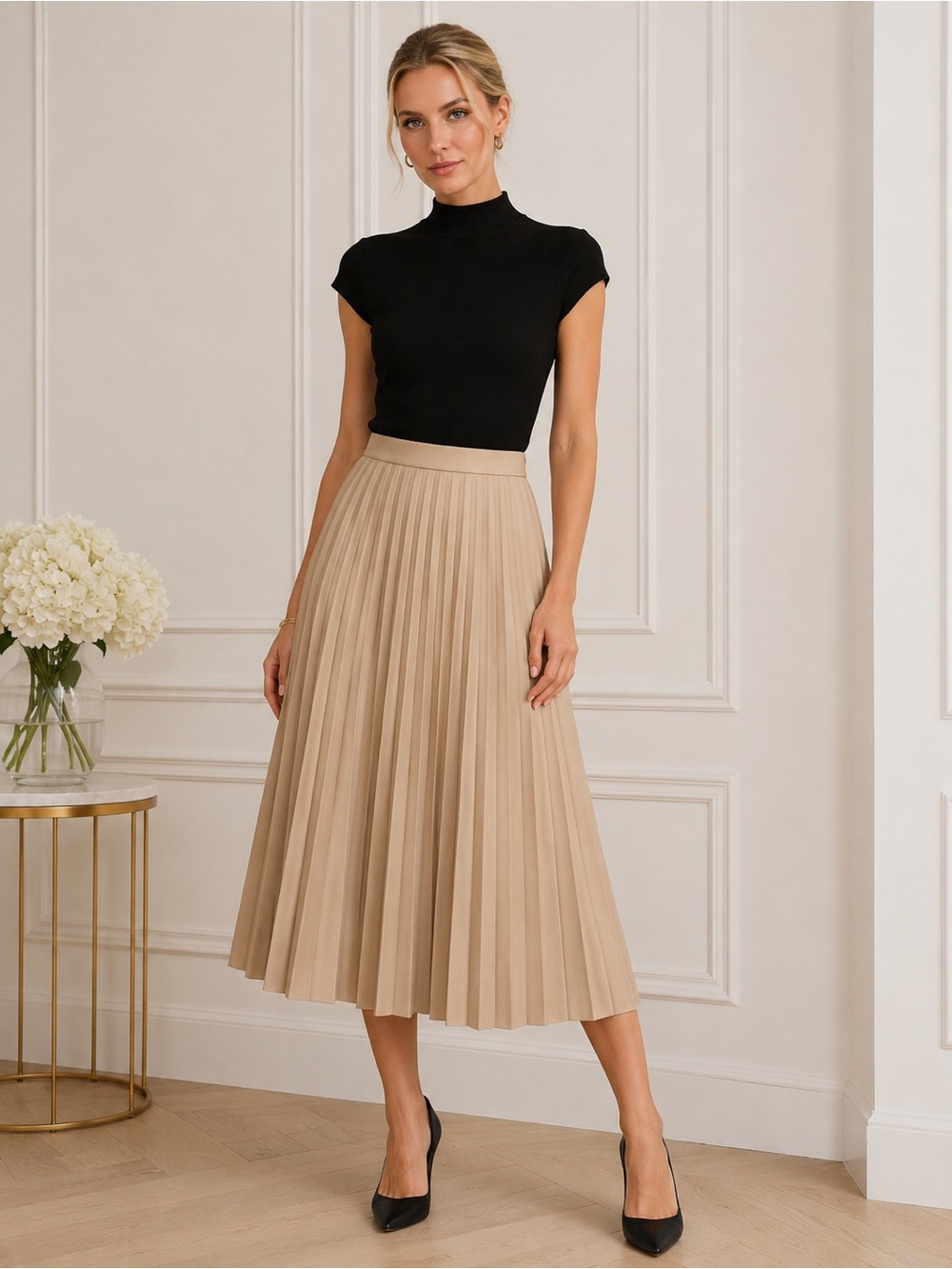 7 For All Mankind Faux Leather Pleated Midi Skirt Medium Beige Vegan A-Line Chic